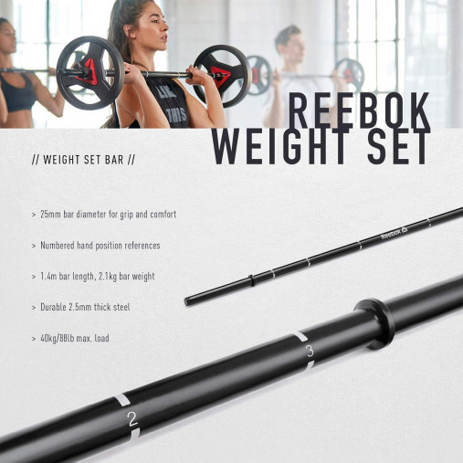 Штанга разборная для аэробики REEBOK Weight Set, 20 кг (гриф 140 см, втулка 25мм, хват 25 мм) Штанга разборная для аэробики REEBOK Weight Set, 20 кг (гриф 140 см, втулка 25мм, хват 25 мм)